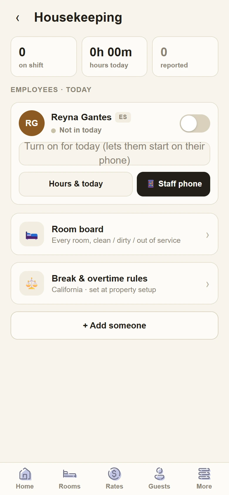 The Innkeep housekeeping list on a phone, showing each room with its cleaning status and what is due in it.